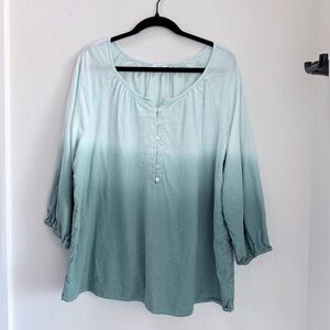 Teal Ombre Linen Blend Boho Blouse XL | Floaty Peasant Top 3/4 Sleeve